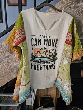 Faith Can Move Mountains Graphic Tee with Kantha Sleeves